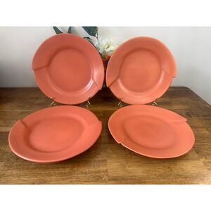 Vintage Cyclamen Terra Cotta Pottery Dinner Plates Coral Pink Modernist Set of 4